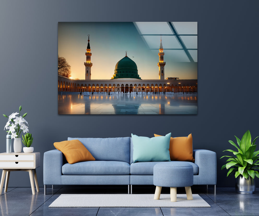 Golden Tranquility – Al-Masjid an-Nabawi Sunset Glass Wall Art