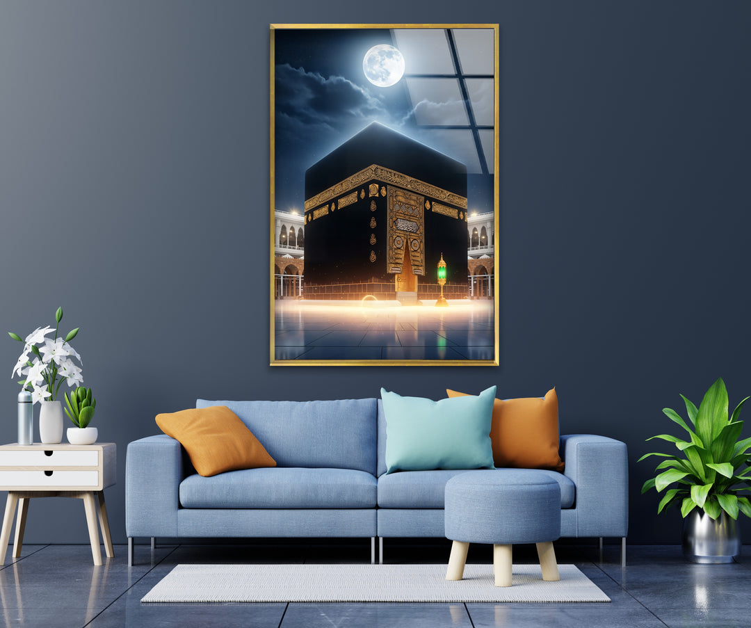 Moonlit Majesty – Kaaba Under Full Moon Glass Wall Art