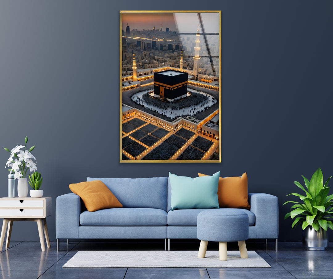 Eternal Glow – Aerial Kaaba at Dusk Glass Wall Art