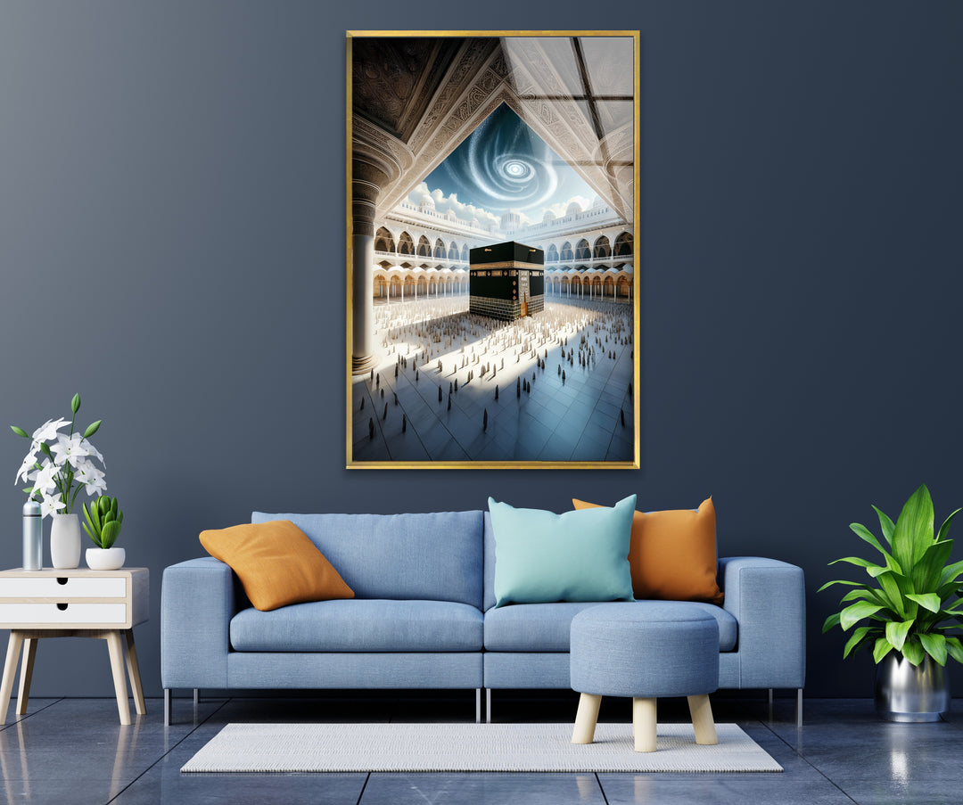 Celestial Harmony – Kaaba Under Divine Light Glass Wall Art