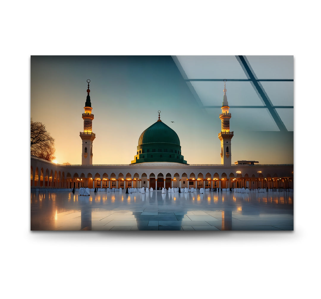 Al-Masjid an-Nabawi glass wall art with sunset reflection