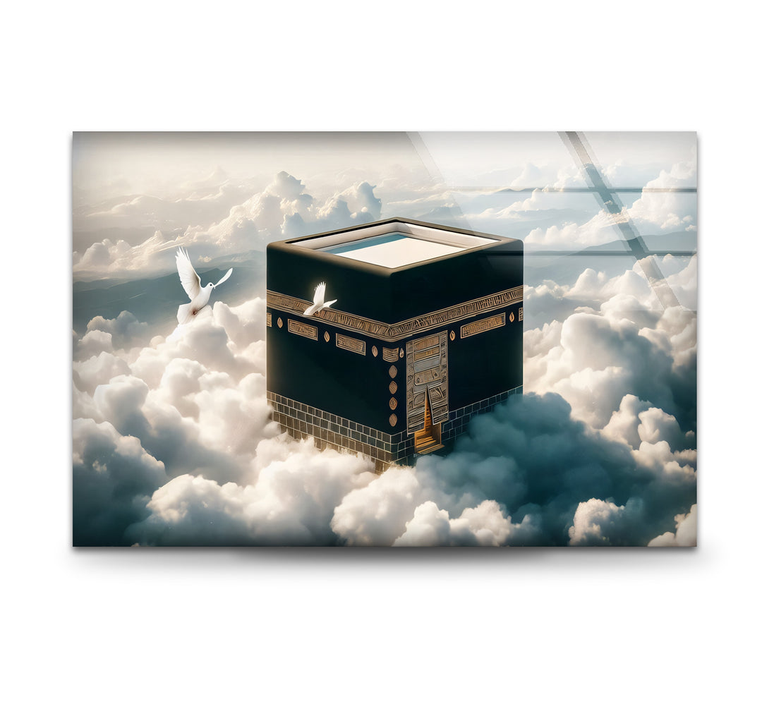 Kaaba glass wall art among heavenly clouds with doves