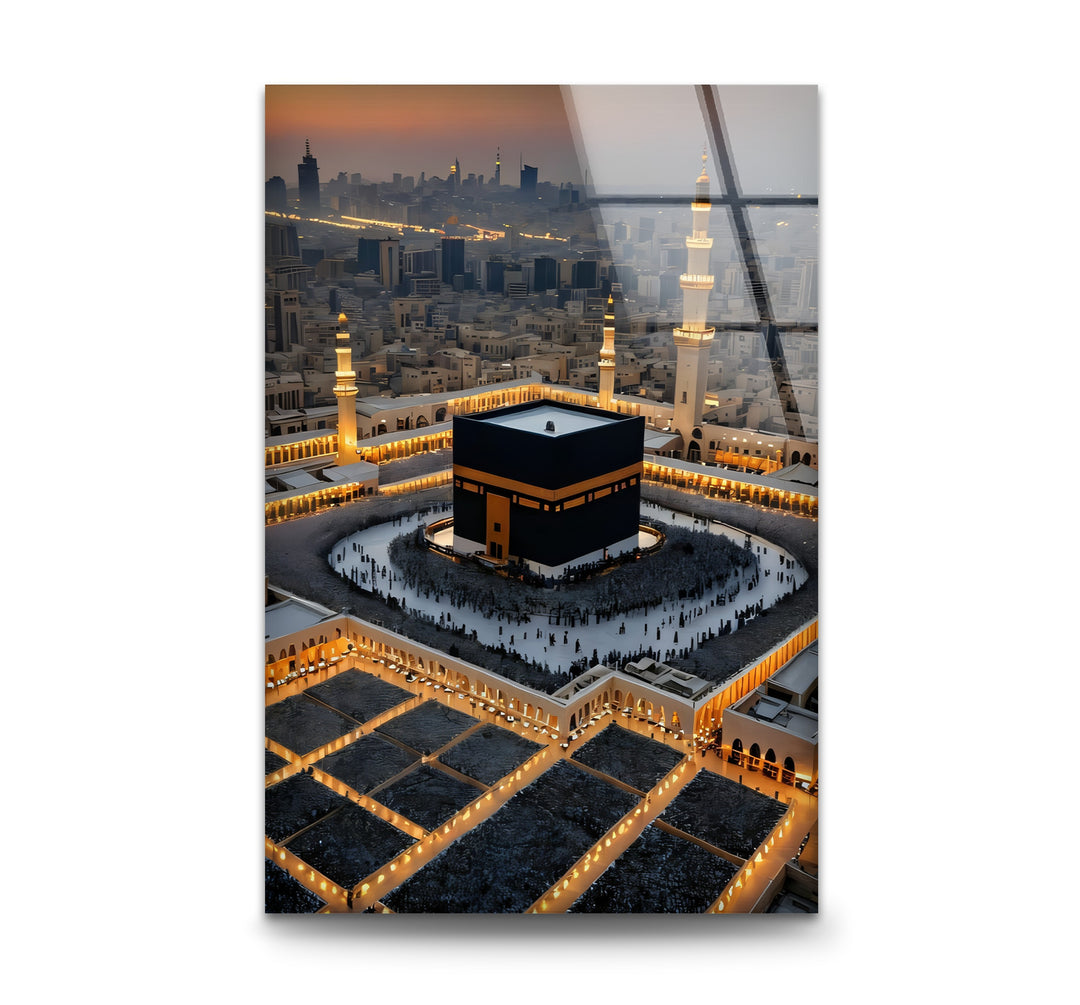 Aerial Kaaba glass wall art glowing at dusk