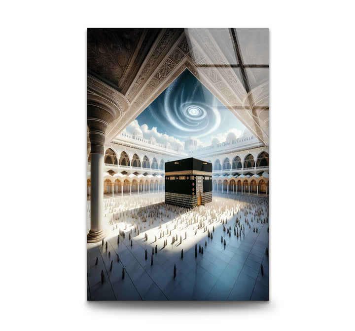 Kaaba glass wall art with celestial sky and divine light