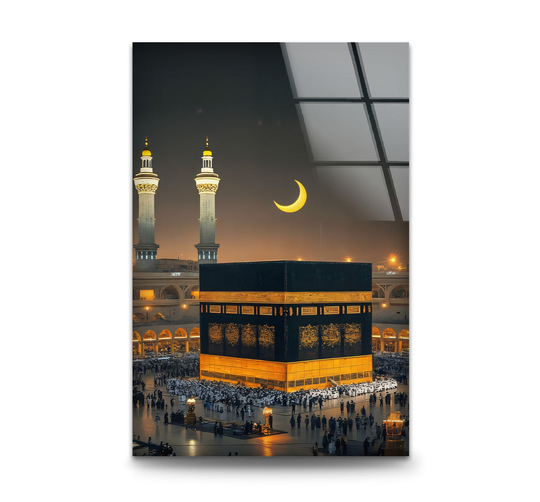 Kaaba glass wall art under crescent moon night sky