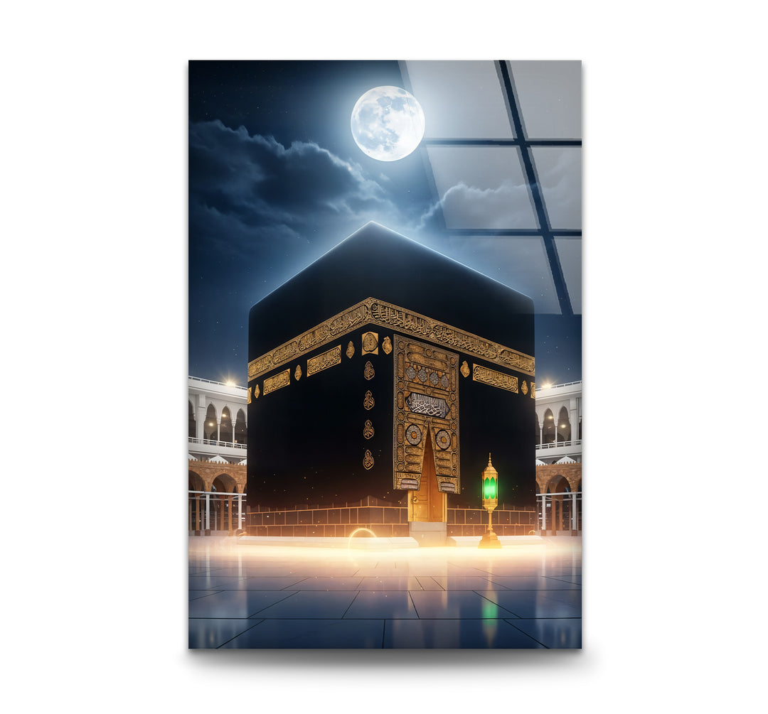 Kaaba glass wall art under full moon night sky