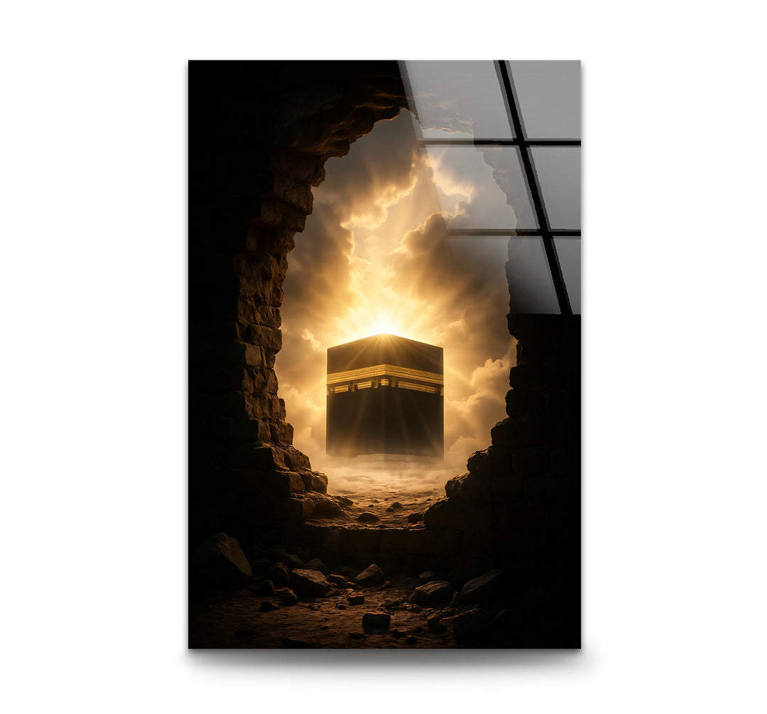 Kaaba glass wall art emerging through golden divine light