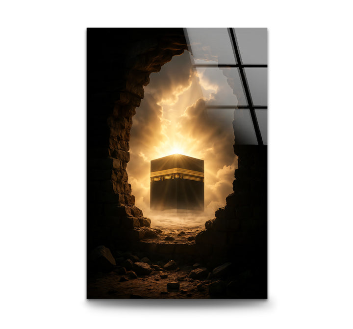 Kaaba glass wall art emerging through golden divine light