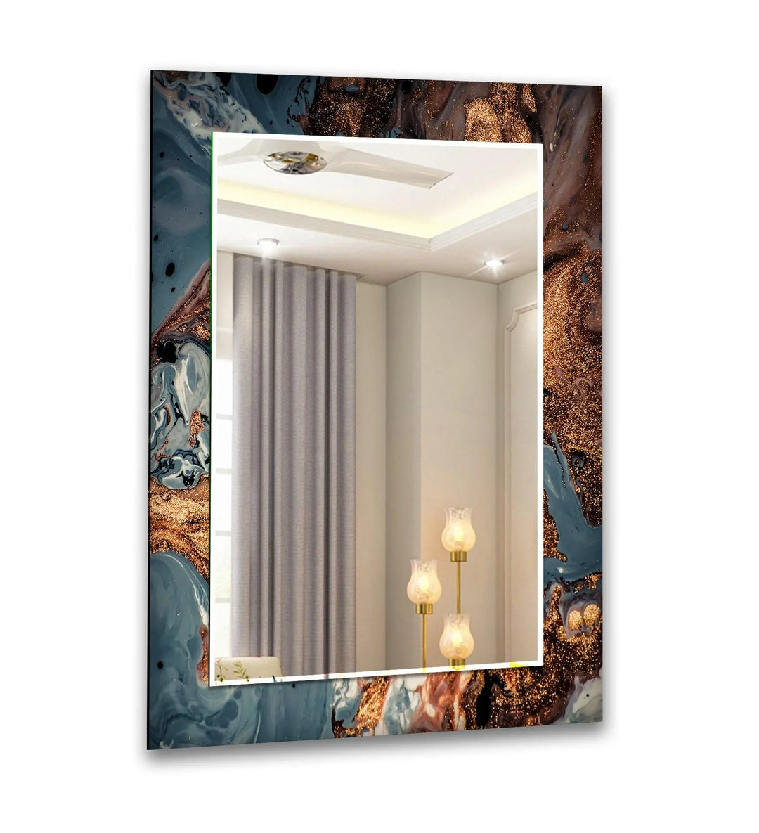Blue Abstract with Bronze Details Wall Mirror Bathroom Mirror