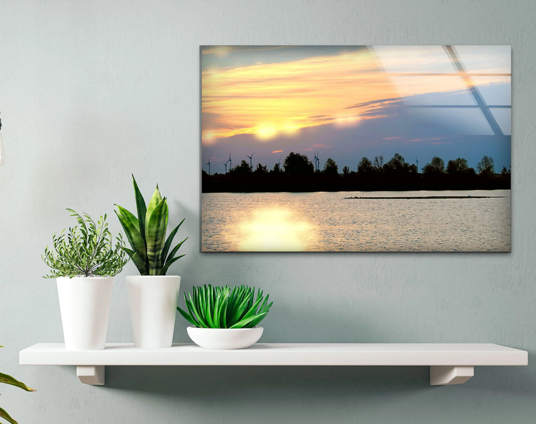 Sunset Lake View Wall Art – Serene Wind Turbine Glass Print for Eco-Inspired and Modern Interiors - MyPhotoStation
