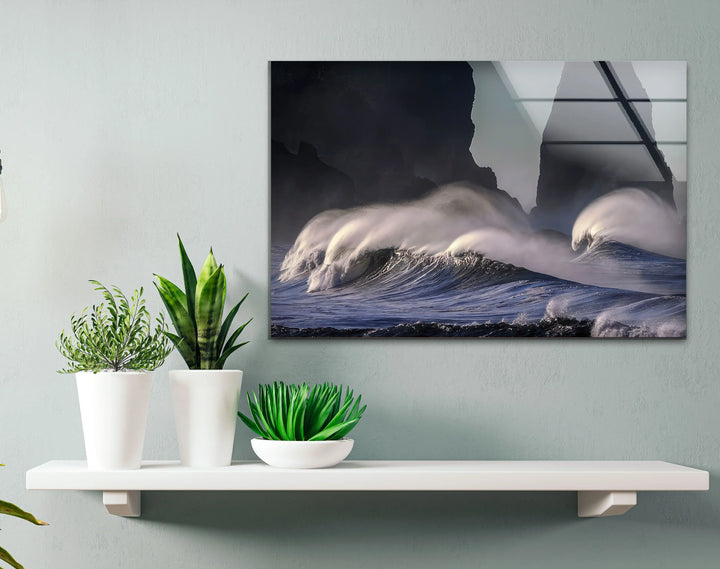 Stormy Ocean Waves Wall Art – Dramatic Coastal Glass Print with Dark Sea Cliffs for Modern Interiors - MyPhotoStation
