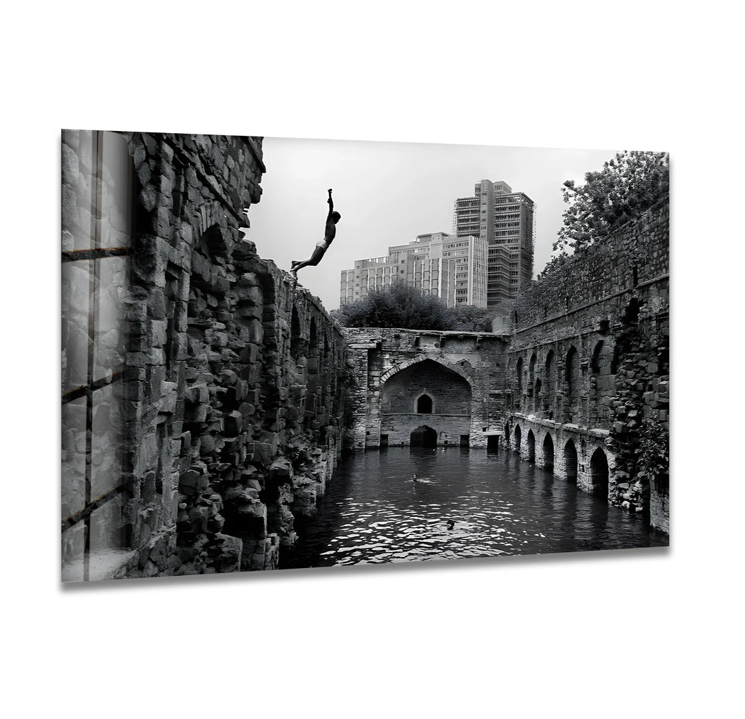 Old Delhi Stepwell Glass Wall Art – Historic Ruins with Modern City Backdrop - MyPhotoStation