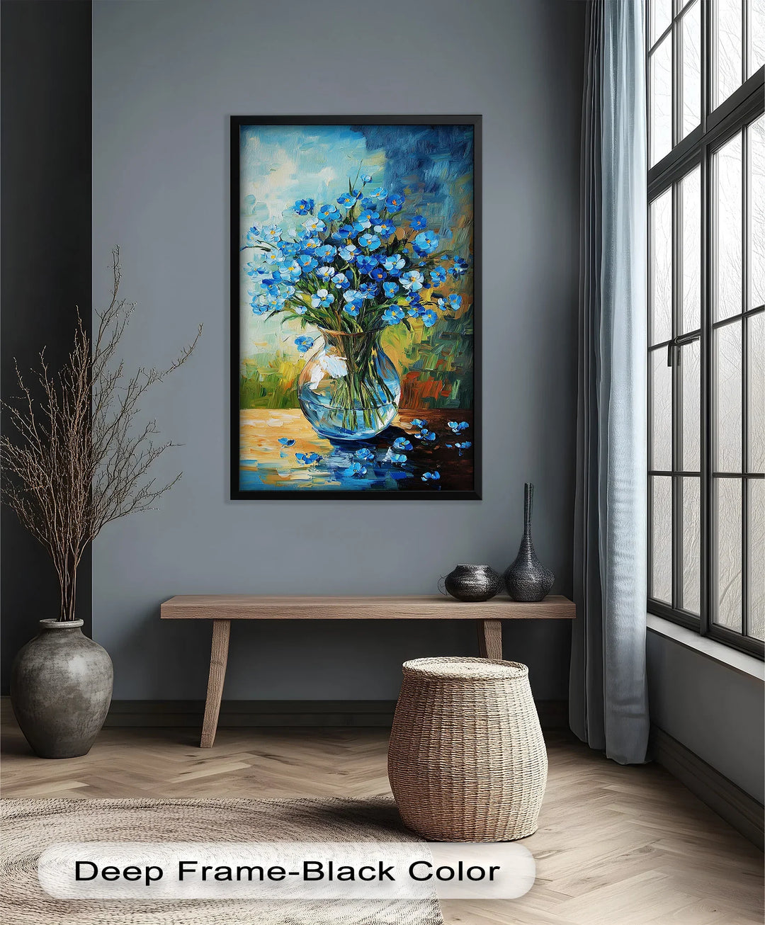 A vibrant still life painting of delicate blue flowers in a clear round vase, set against a colorful, textured background.