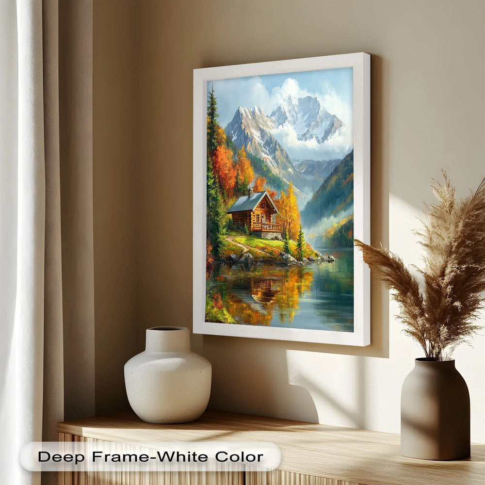 Autumn Retreat – Mountain Cabin by the Lake Hudson River Oil Painting - MyPhotoStation