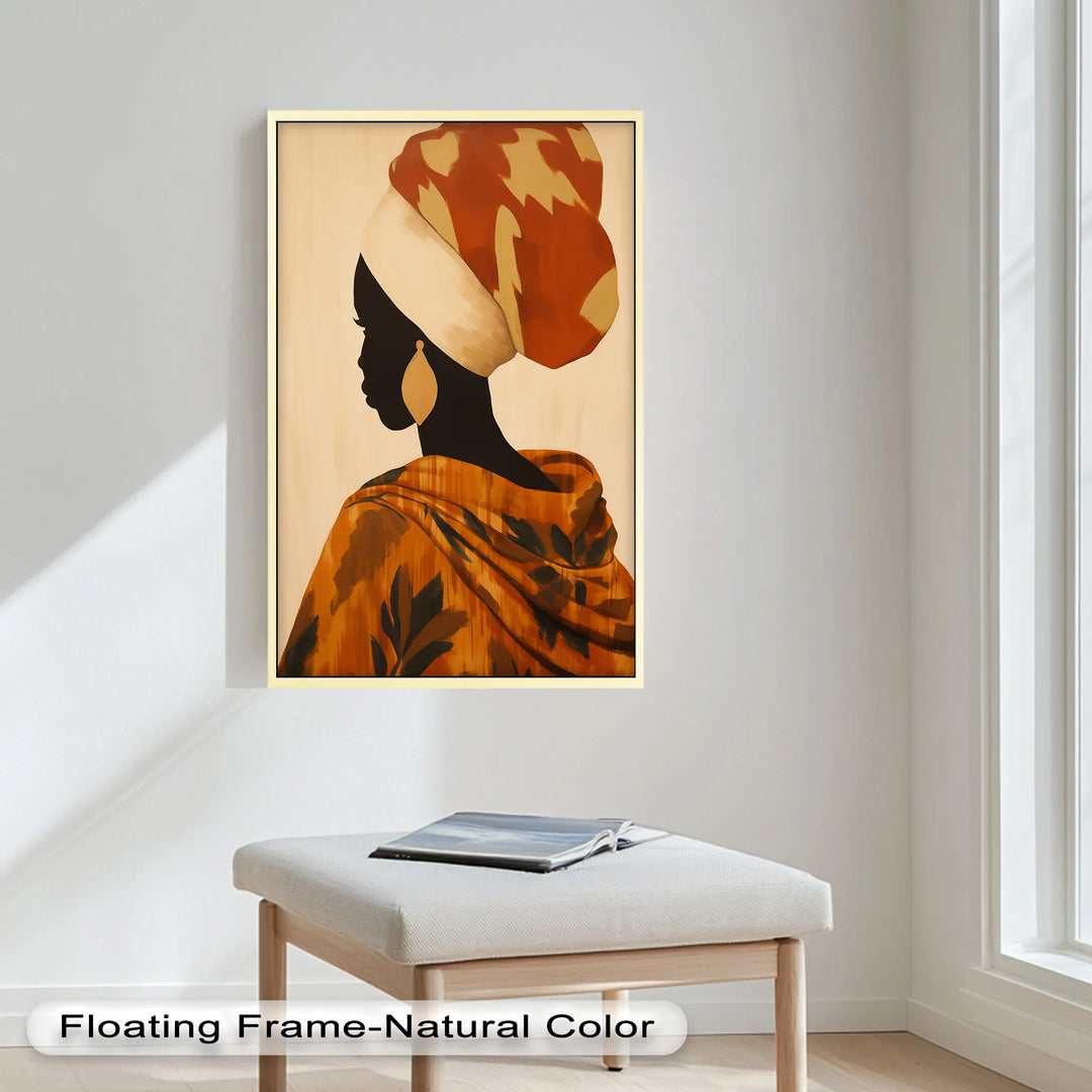 This elegant portrait painting features the graceful silhouette of a woman adorned in a patterned headwrap and flowing garment, celebrating beauty and cultural pride.