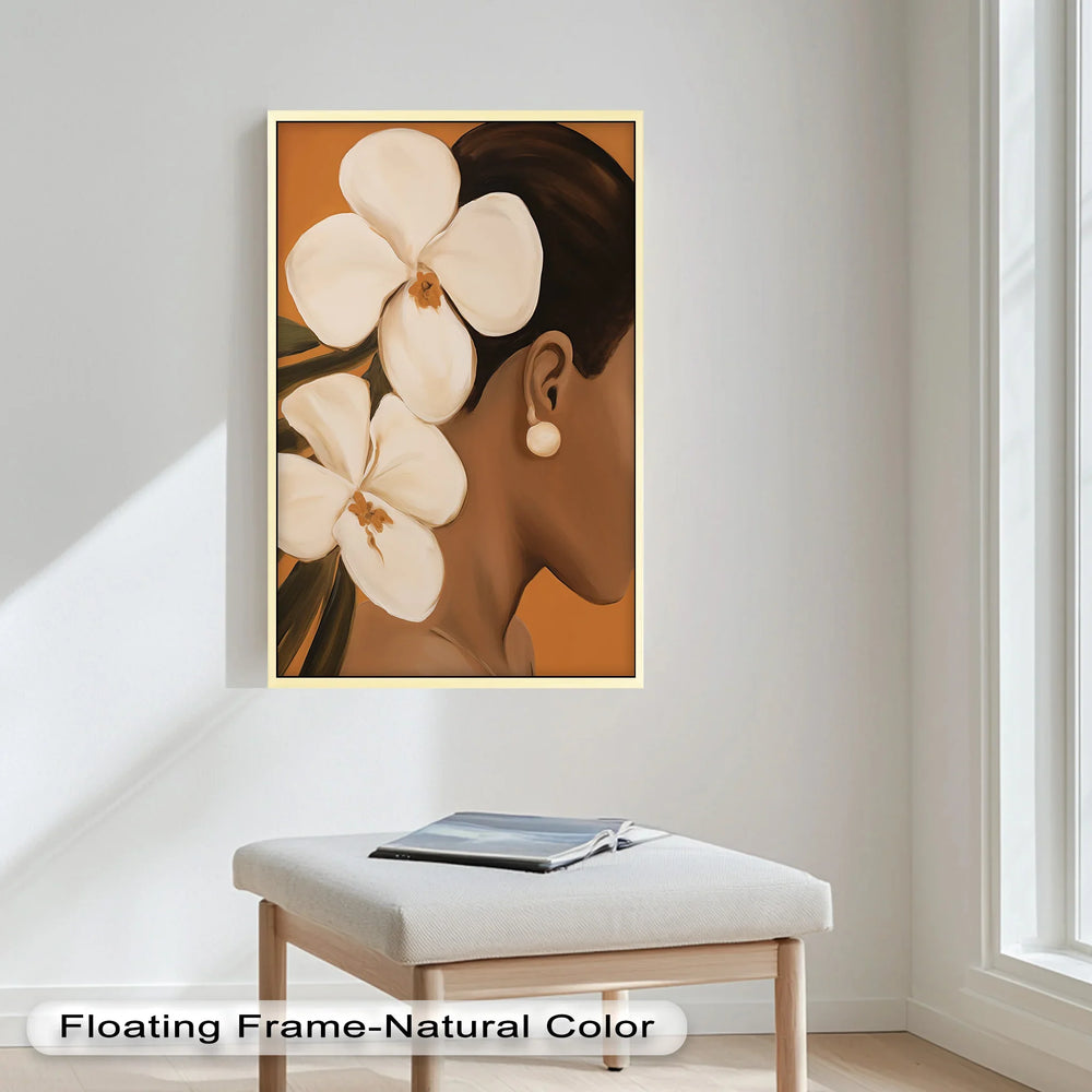 With a minimalist approach and warm, earthy tones, this artwork highlights the quiet elegance and strength of the figure, complemented by the delicate flowers.