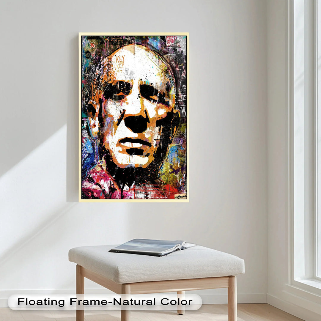 A bold and gritty mixed-media portrait featuring a weathered male face surrounded by chaotic graffiti, vibrant colors, and layered textures.