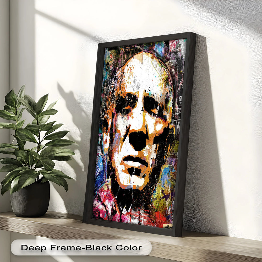 An abstract urban-style portrait of a solemn man’s face, constructed with street art elements, vivid brushstrokes, and expressive typography.