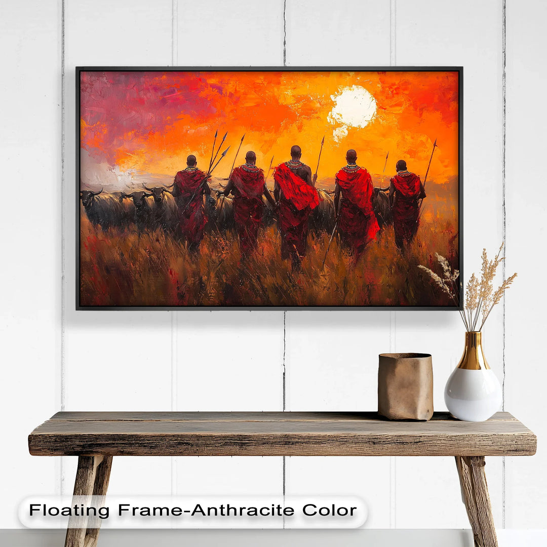 This striking oil painting on wood captures a group of warriors in red robes guiding their cattle under a vibrant sunset sky.