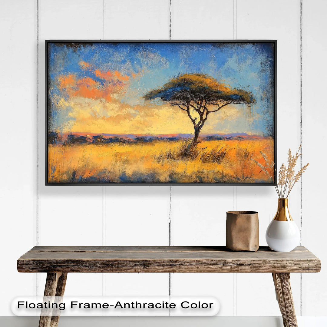 A lone acacia tree stands tall in a golden savanna under a vivid sunset sky painted with orange, pink, and blue hues.