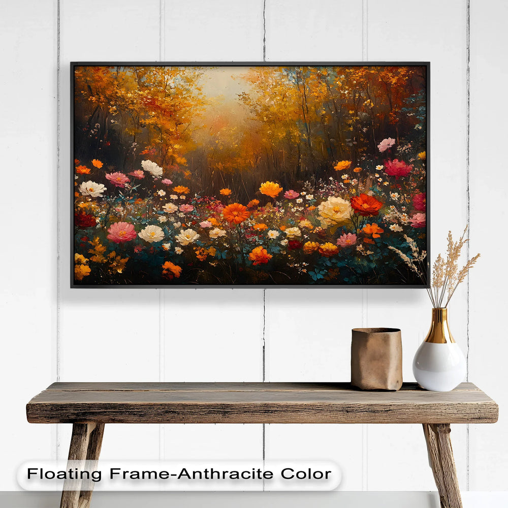 The warm light filtering through the canopy creates a glowing ambiance, blending fall foliage with a lush floral meadow.