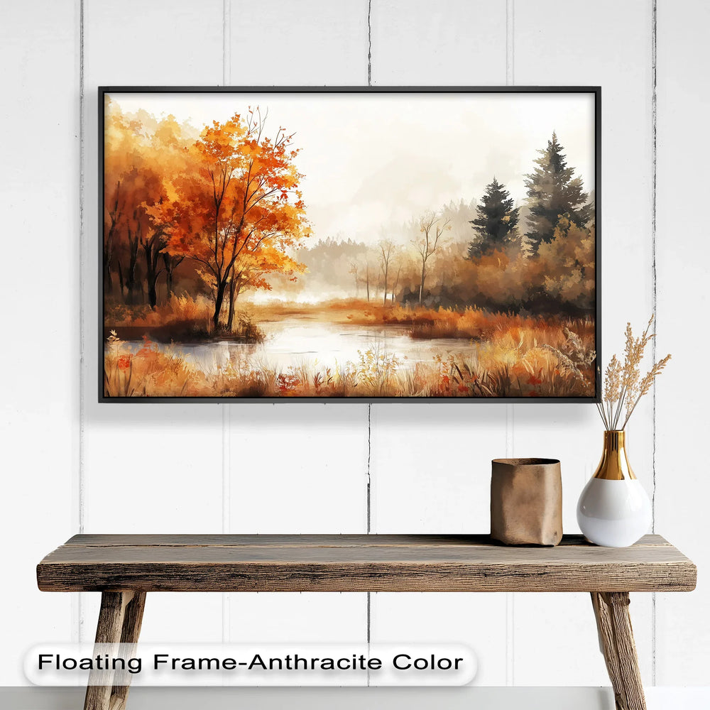 The soft mist and warm palette create a peaceful, nostalgic mood that evokes the quiet beauty of fall.