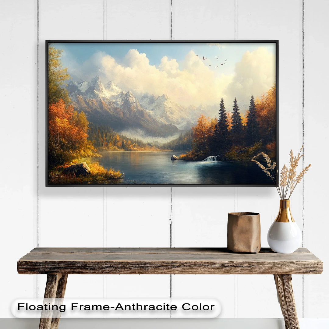 his breathtaking landscape painting showcases a serene lake surrounded by golden autumn trees, towering pines, and majestic snow-capped mountains.