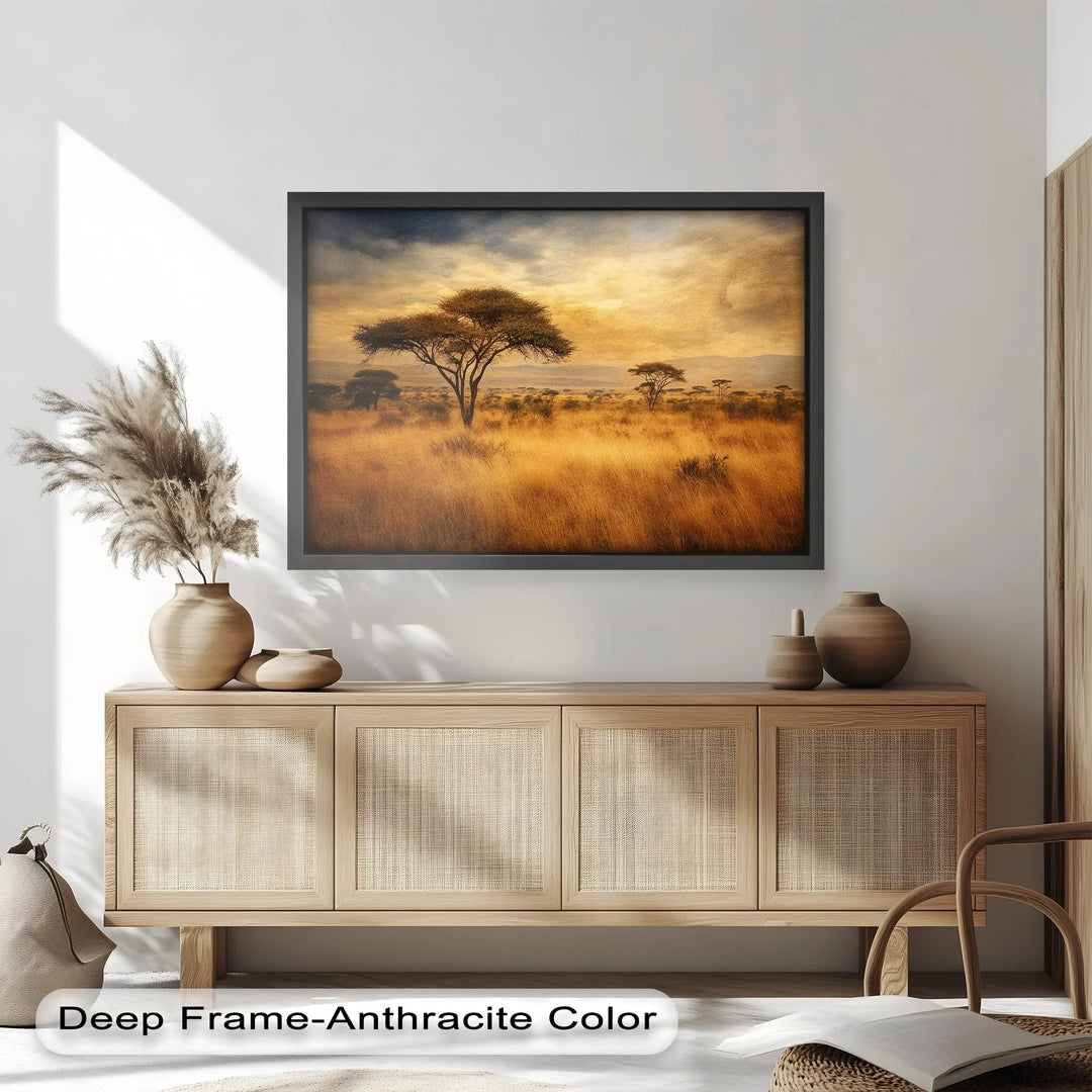 This stunning painting captures the golden beauty of the African savanna, with iconic acacia trees scattered across sunlit grasslands.