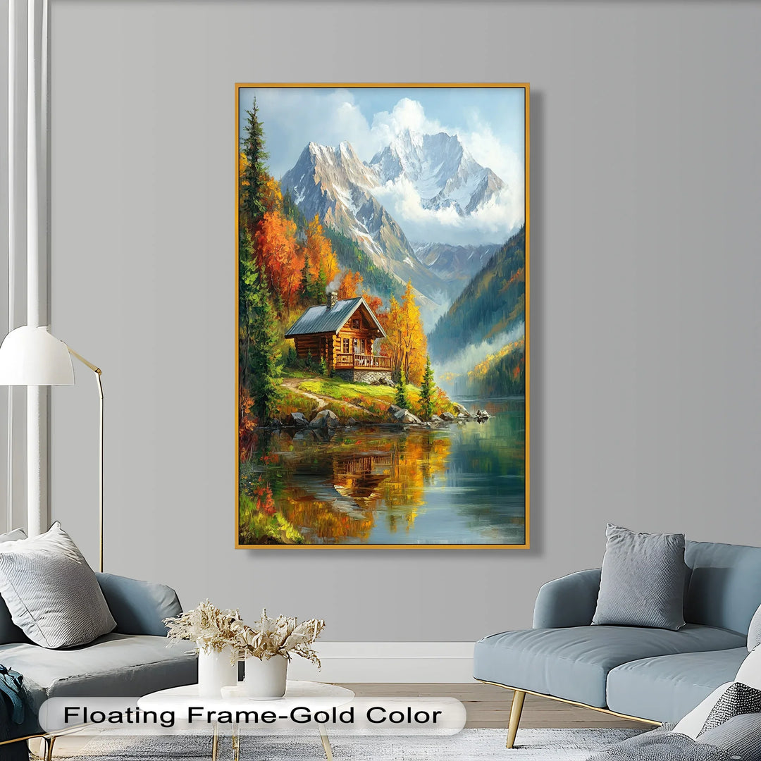 Autumn Retreat – Mountain Cabin by the Lake Hudson River Oil Painting - MyPhotoStation