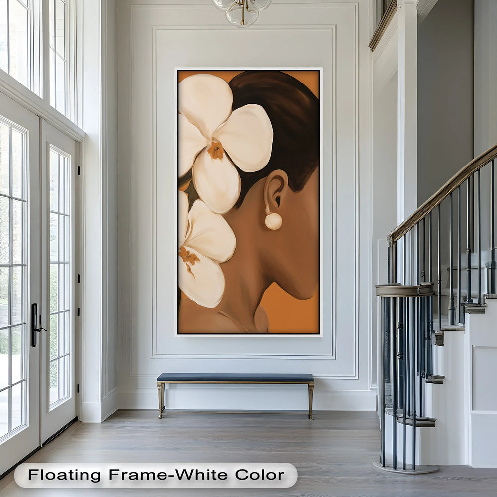 With a minimalist approach and warm, earthy tones, this artwork highlights the quiet elegance and strength of the figure, complemented by the delicate flowers.