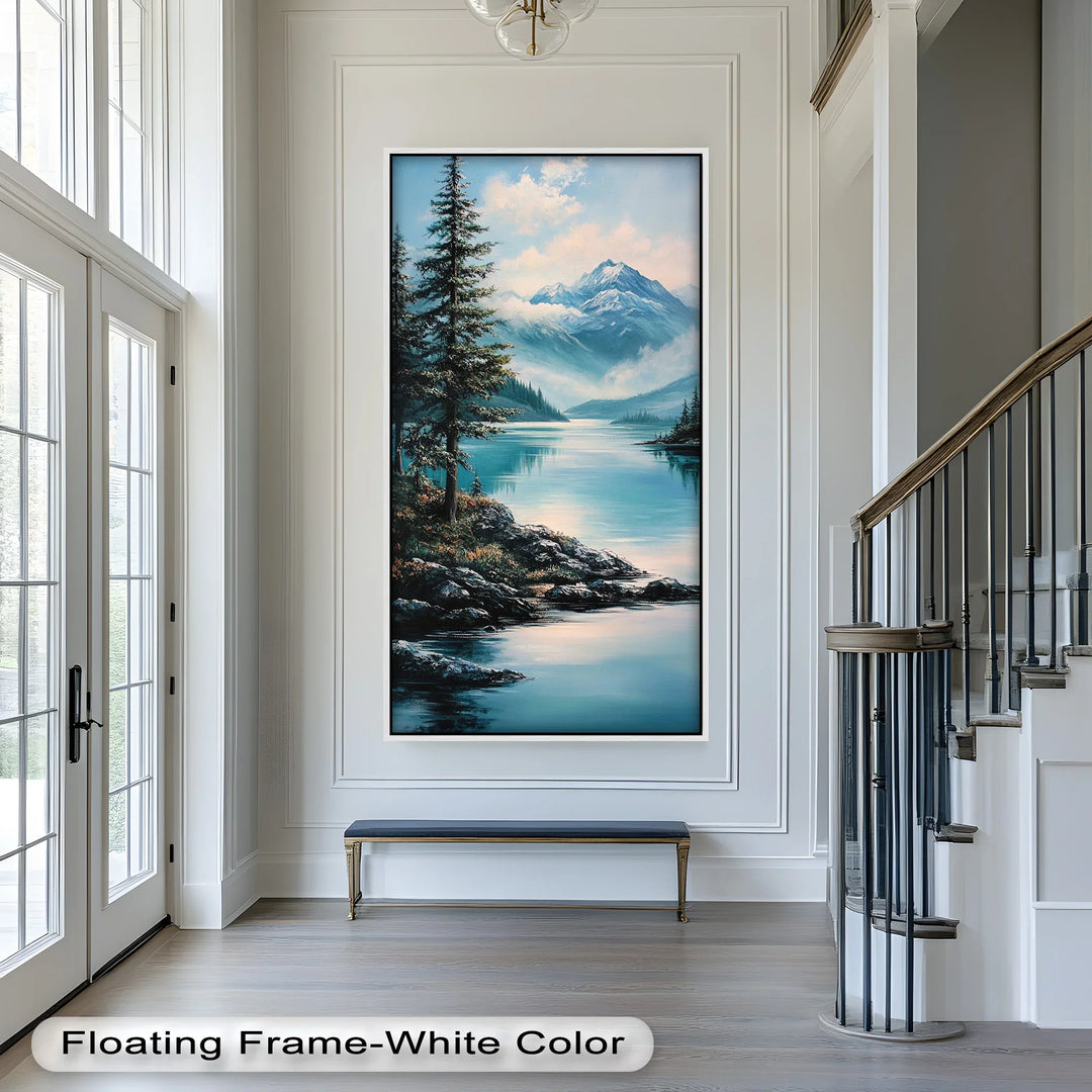 This breathtaking landscape painting showcases a peaceful mountain lake surrounded by pine trees and rocky shores, with snow-capped peaks rising in the distance.