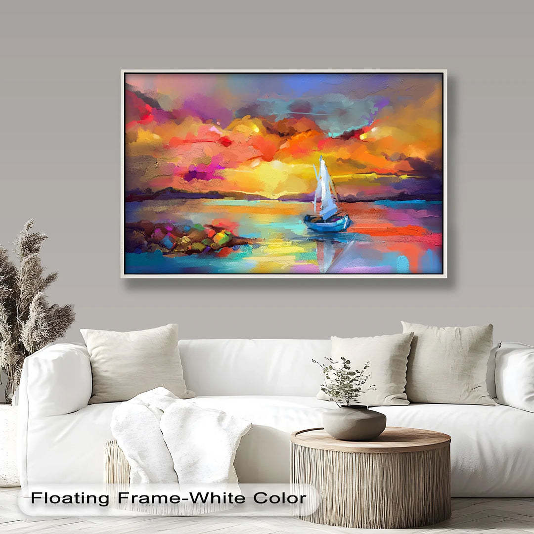 A vibrant abstract painting of a sailboat drifting on calm waters, illuminated by a stunning sunset with bold, colorful brushstrokes