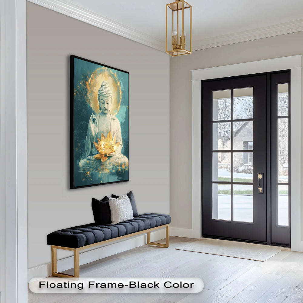 A tranquil and spiritual depiction of Buddha in lotus position, holding a radiant golden lotus symbolizing enlightenment.
