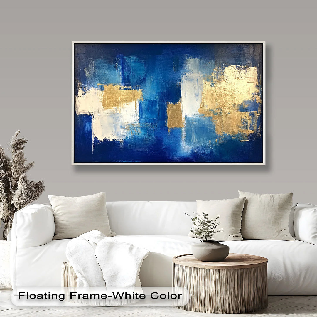 Abstract blue and gold painting with bold textured brushstrokes.