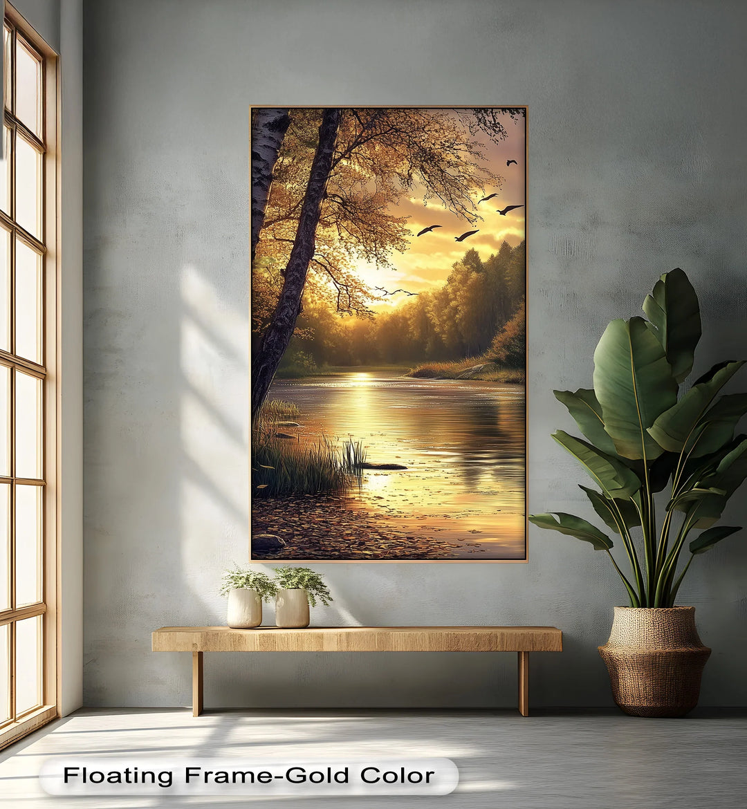 This breathtaking landscape painting captures a golden sunset reflecting off a peaceful river, surrounded by autumn trees and soaring birds in the glowing sky.