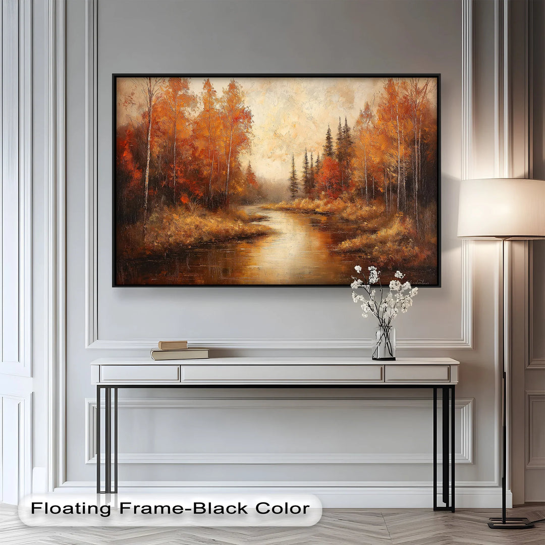 Golden autumn forest painting with river reflections and vivid foliage.