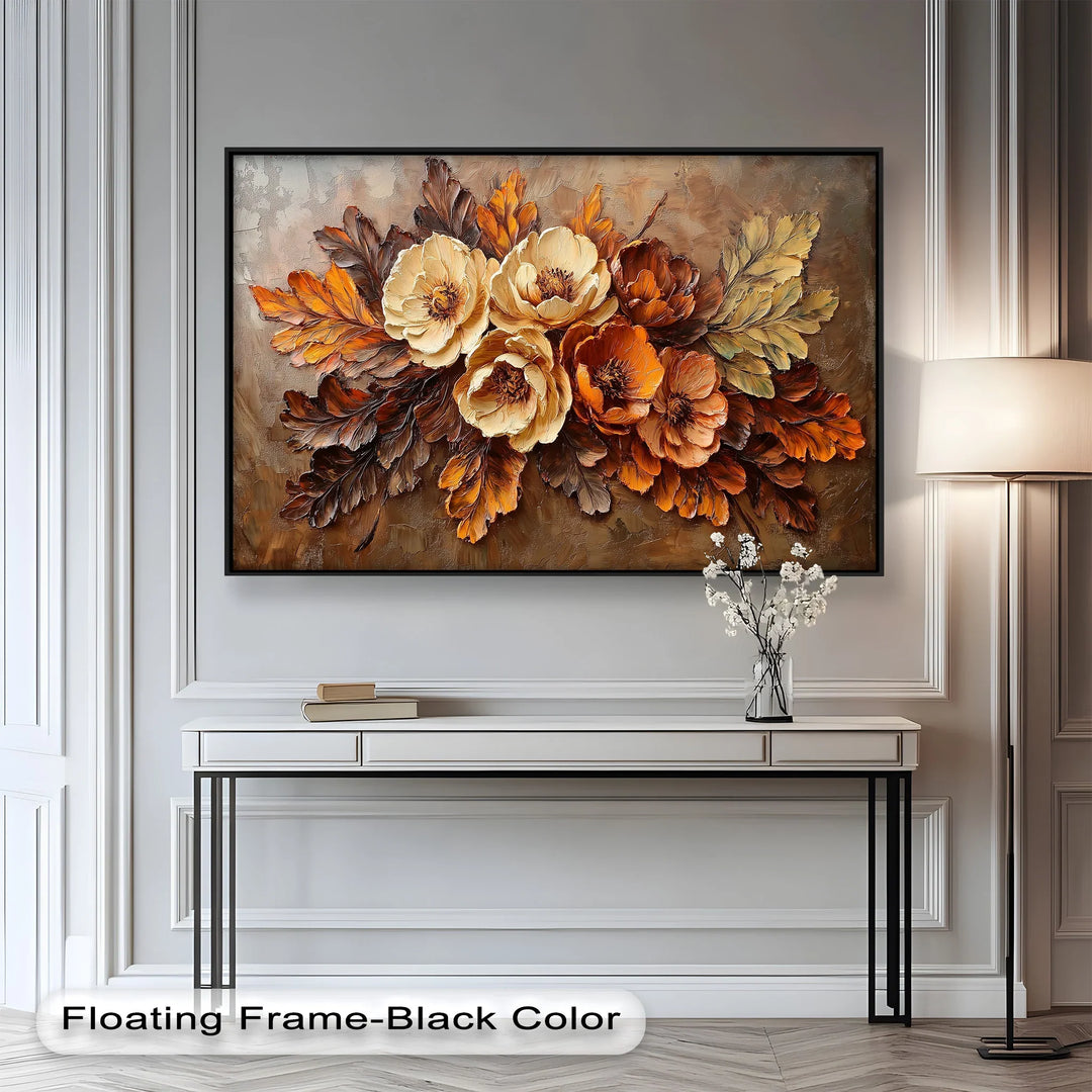 Rustic autumn floral painting with sculpted petals and golden foliage.