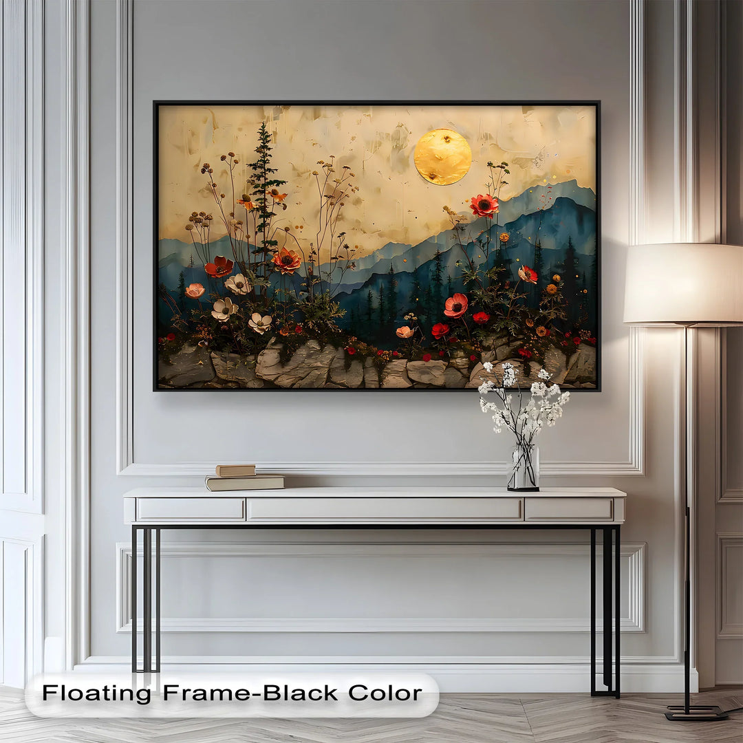 This enchanting landscape painting features delicate wildflowers blooming against a backdrop of layered blue mountains and a radiant golden moon.