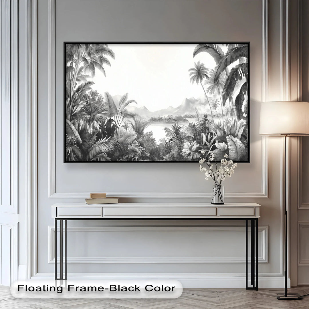 A lush tropical jungle scene in black and white brings exotic elegance into your space.