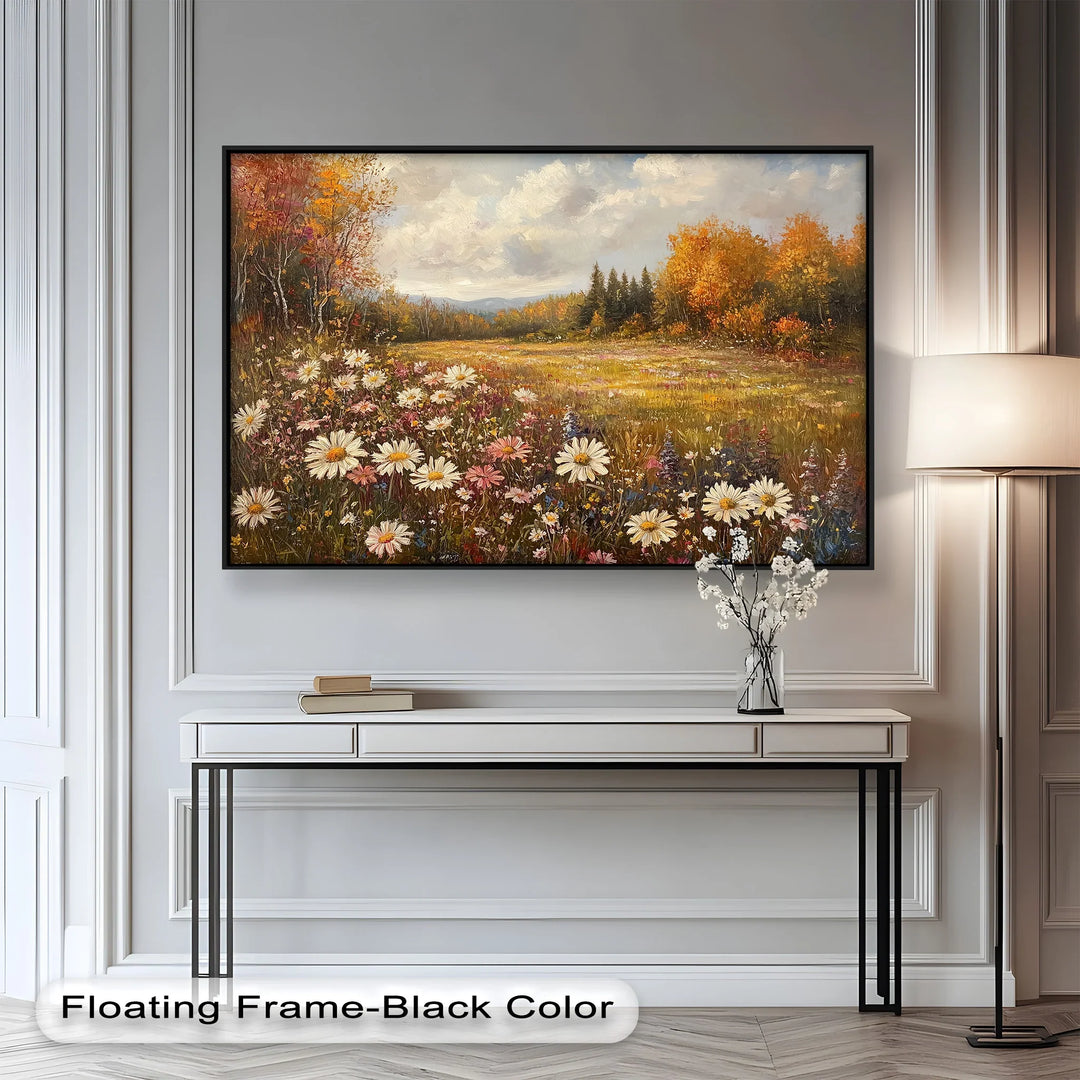 Wildflower meadow painting with daisies under an autumn sky.