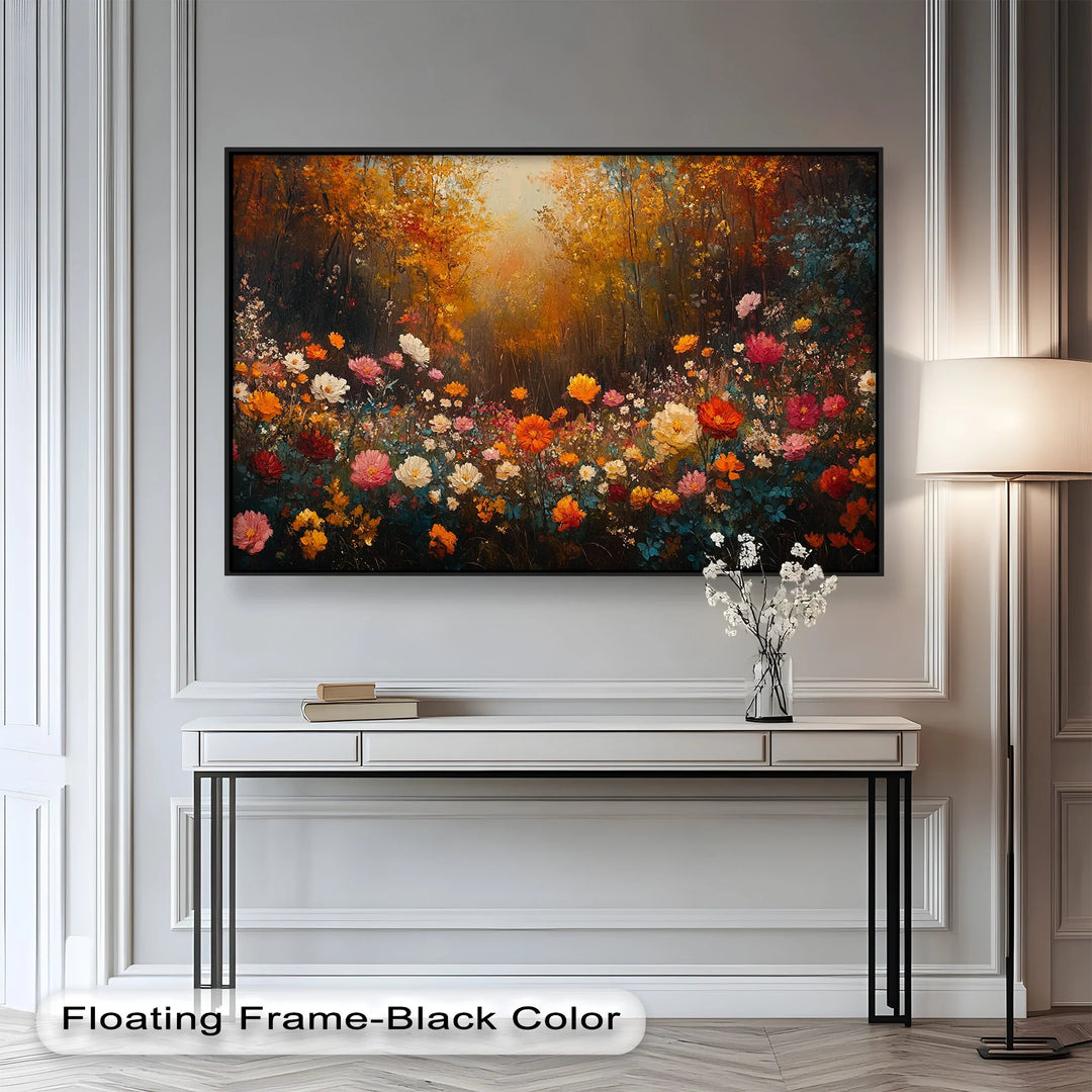 Sunlit wildflower meadow with autumn forest backdrop.