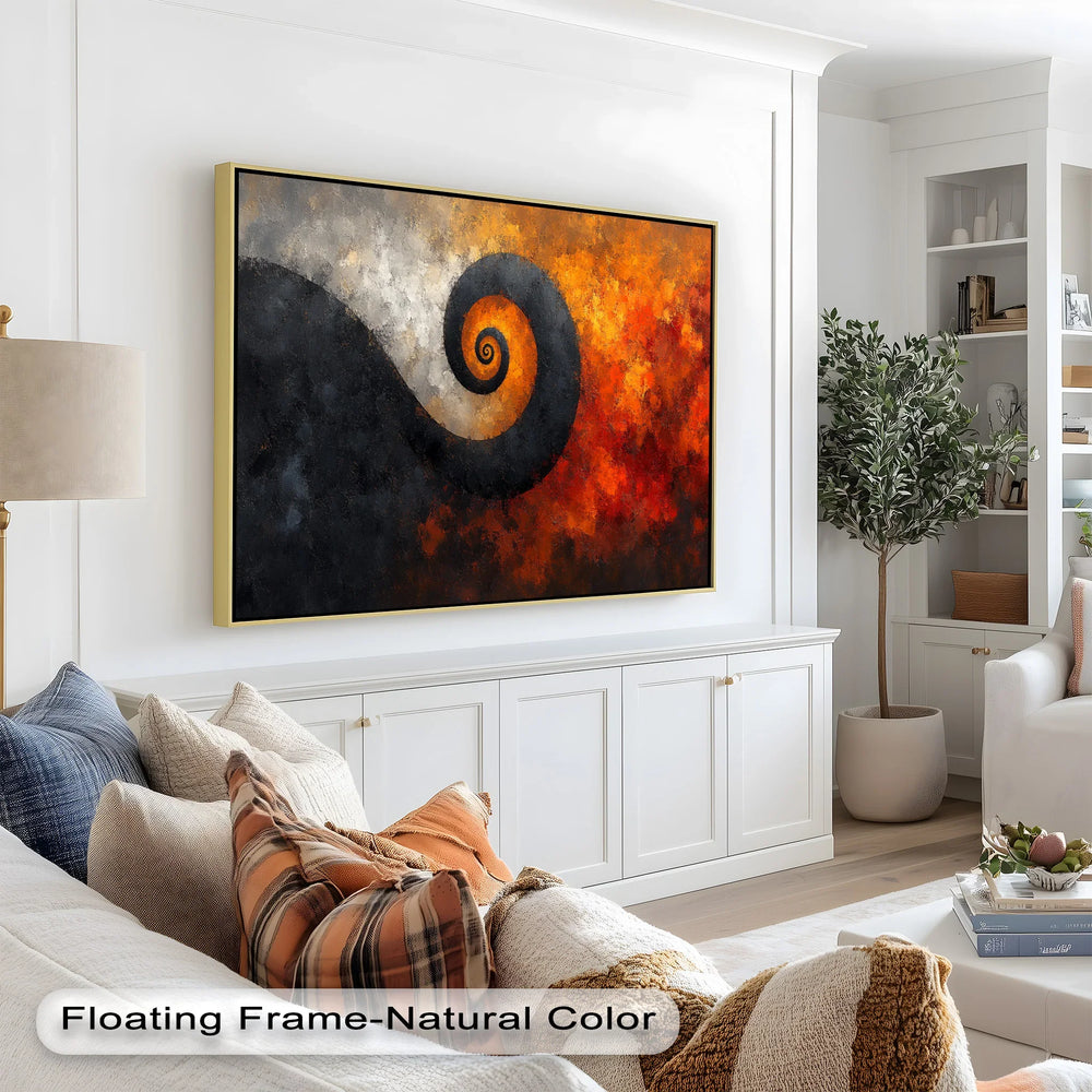 Modern swirl artwork featuring bold reds, charcoal tones, and textured strokes.