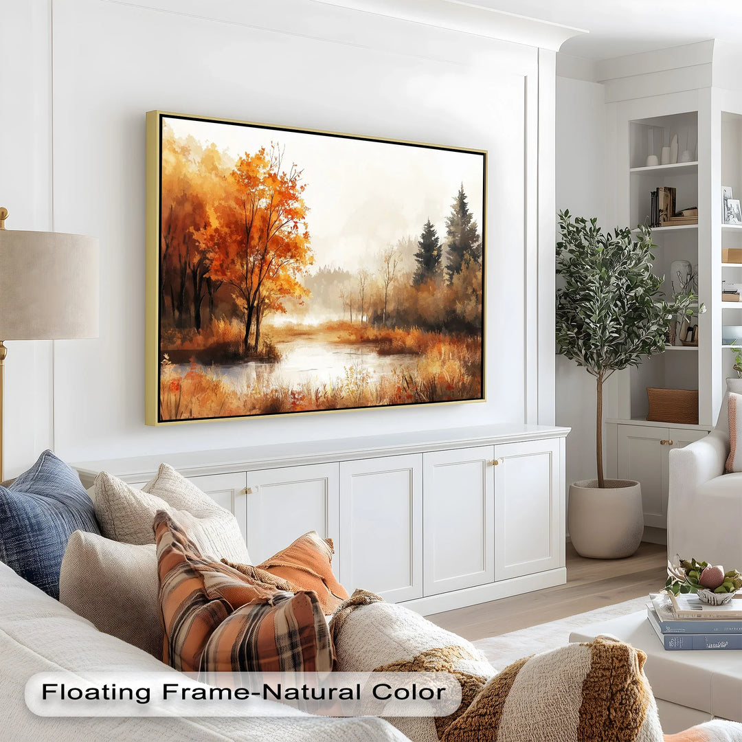 This serene autumn landscape painting captures a gentle river winding through a forest glowing with rich orange, gold, and amber tones.
