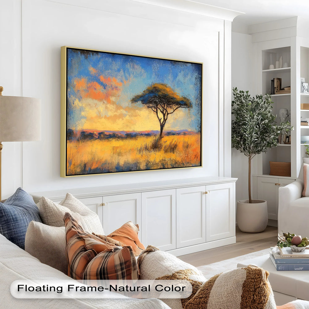 An expressive landscape of the African plains, featuring a single tree and a brilliant sunset lighting up the horizon.
