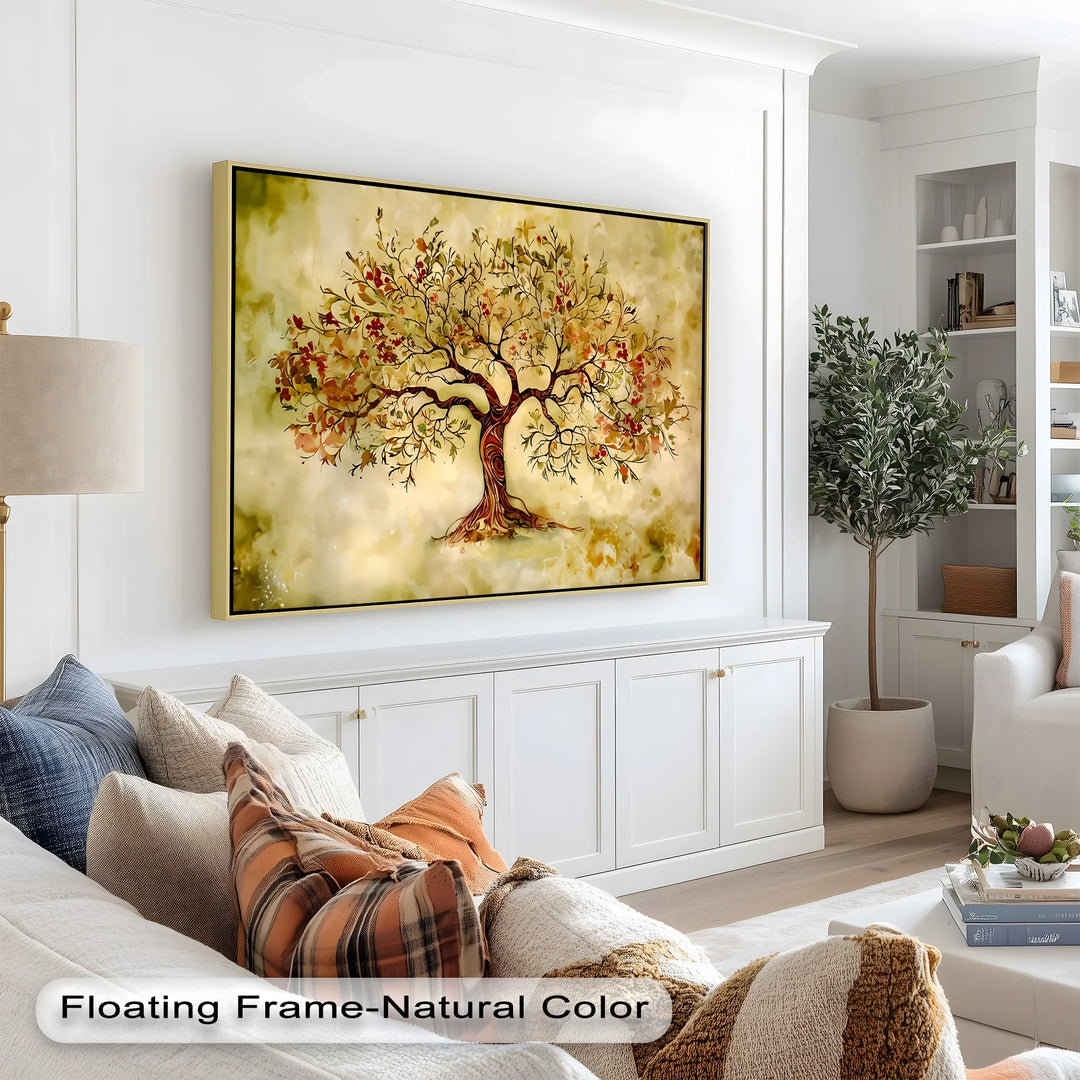 This whimsical painting showcases a beautifully stylized tree with swirling branches and autumn-toned leaves, set against a golden, dreamy background.