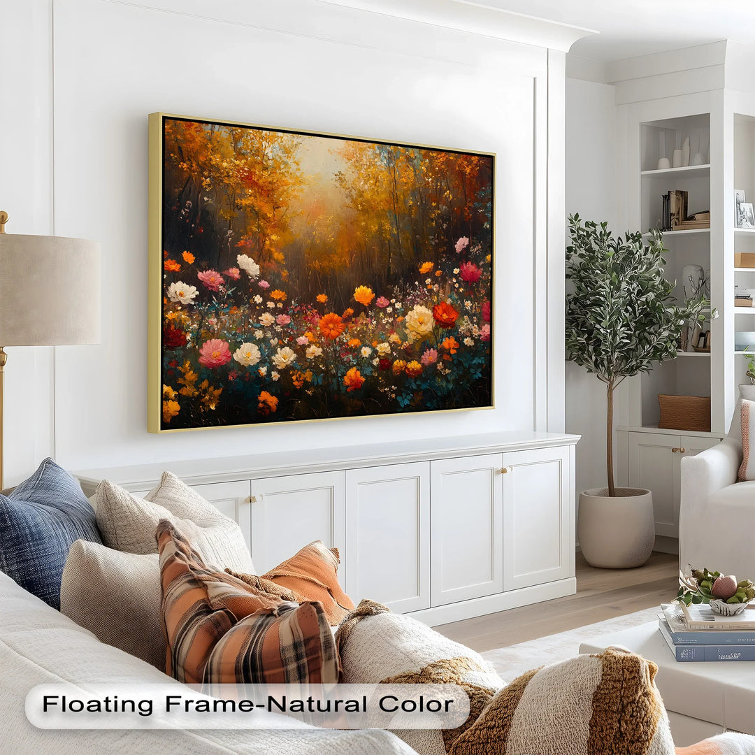 This vibrant painting captures a magical autumn forest filled with richly colored wildflowers blooming beneath golden, amber, and rust-toned trees.