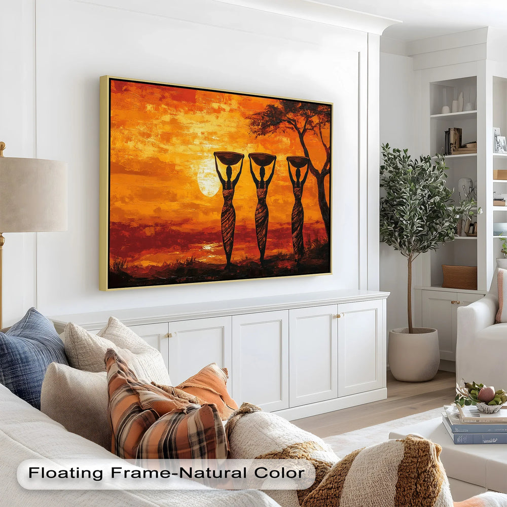 With rich orange and red hues, this artwork beautifully illustrates daily life and strength in a stylized silhouette form.