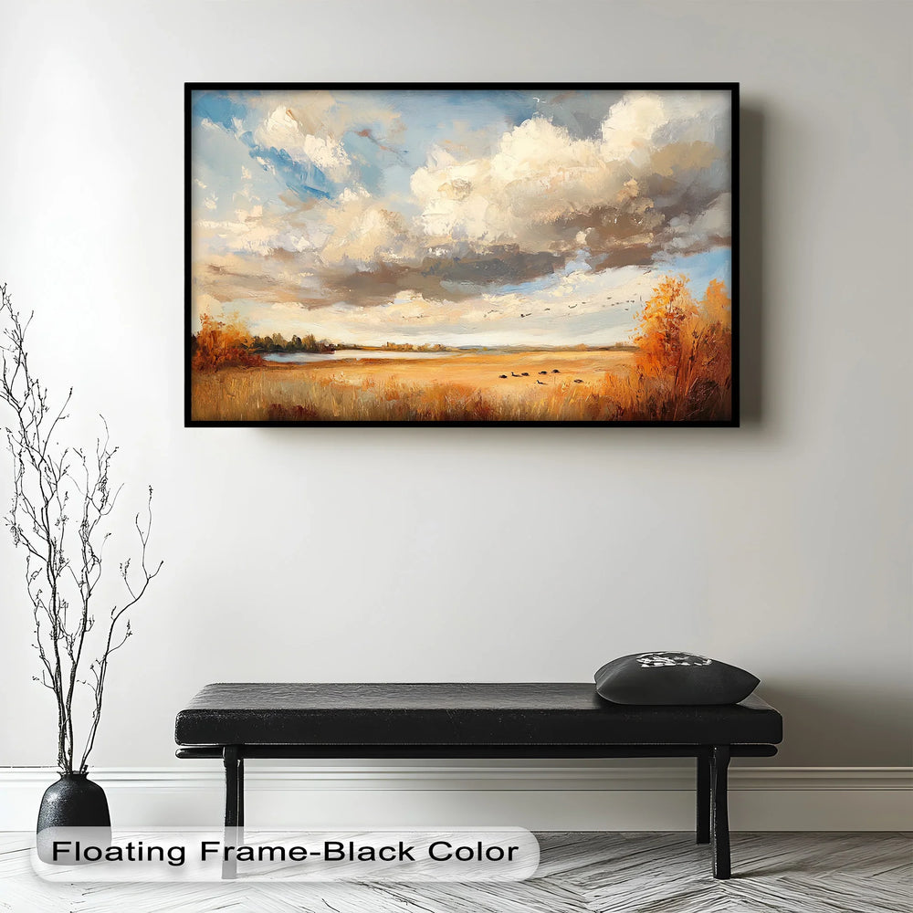 Rustic fall meadow artwork featuring dramatic clouds and wildlife.