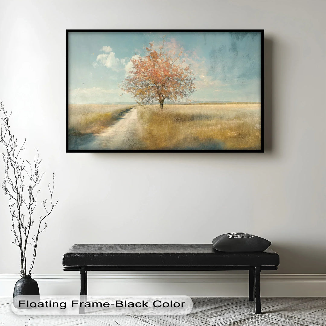Lone autumn tree painting with golden meadow and soft blue sky.