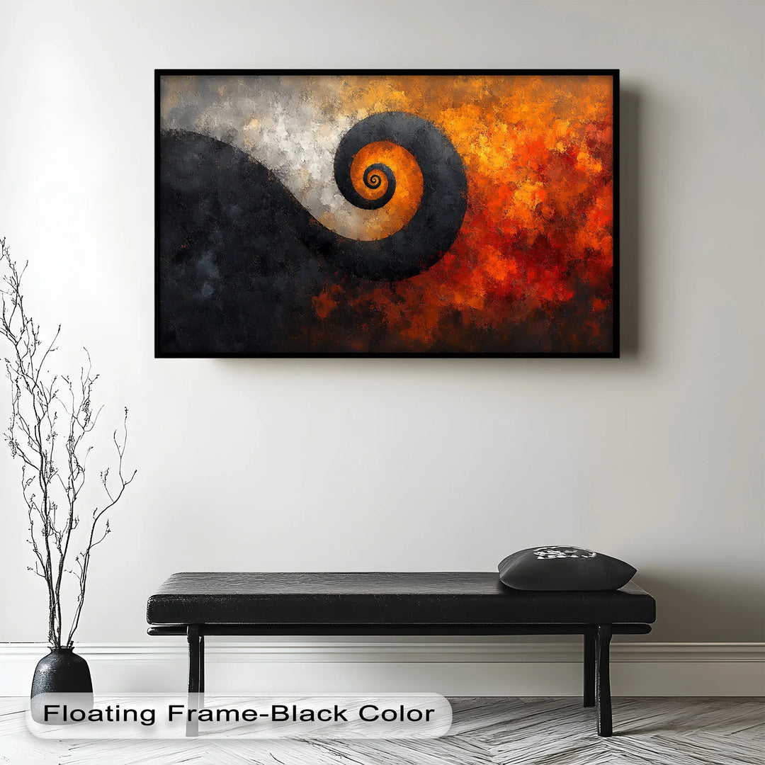 Abstract spiral painting with fiery orange and deep black contrasts.